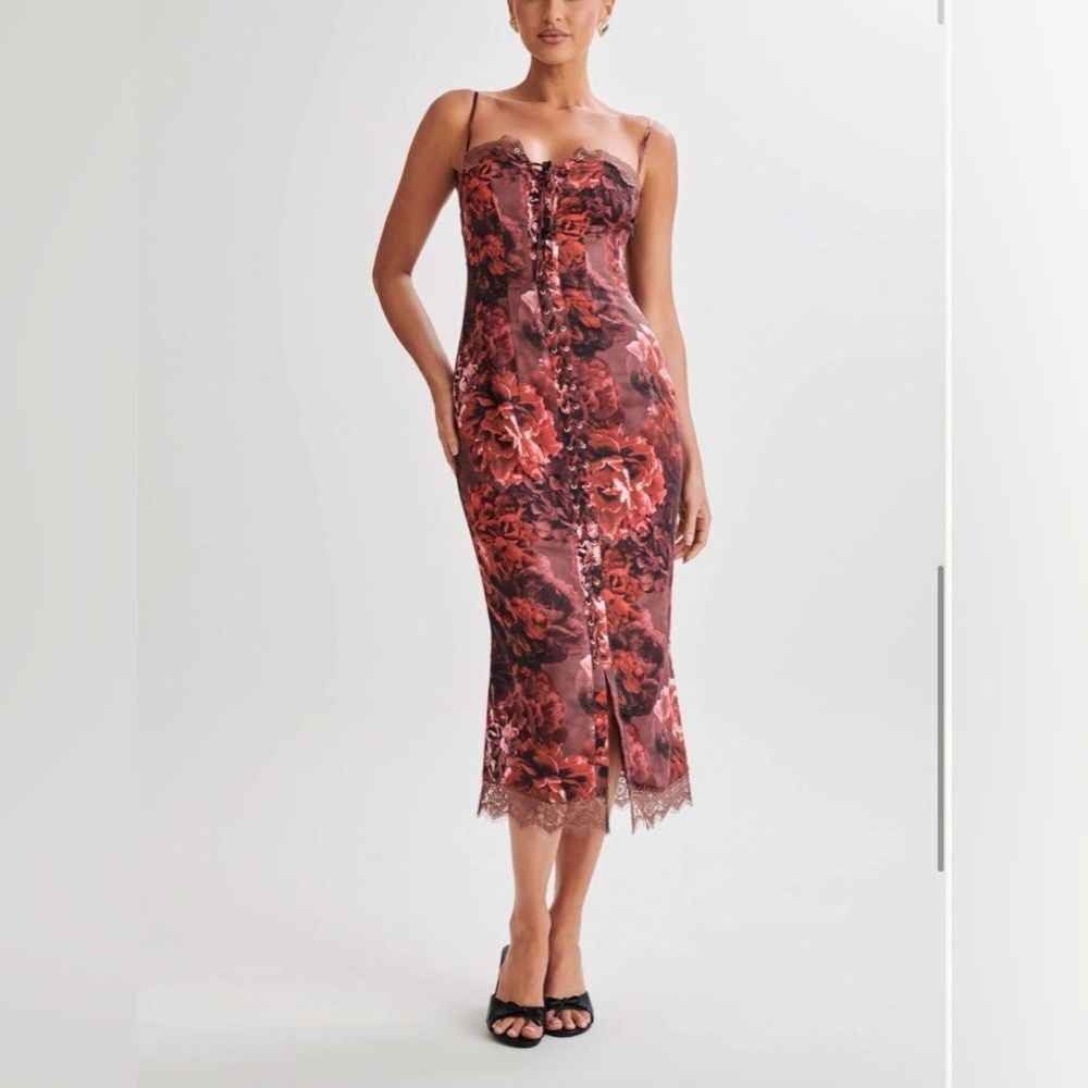 NEW Meshki Floral Lace Up Satin Midi Dress Women’s Size Large
